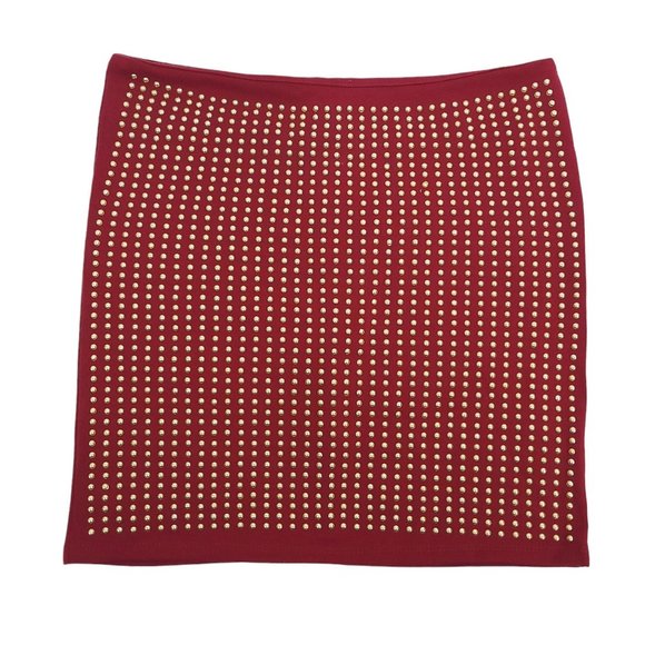Ya Los Angeles Mini Skirt Womens Size S Burgundy Gold Tone Studs Back Zip - Picture 1 of 8